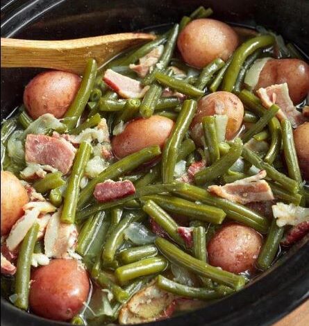 Freshly snapped green beans and potatoes