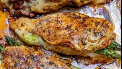 Cheesy garlic asparagus-stuffed chicken